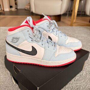 Air Jordan 1 Mid Light Blue / White / Red – Youth 5.5Y – Excellent Condition